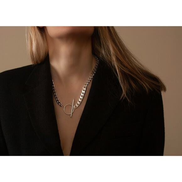 Real 925 Sterling Silver Toggle Curb Necklace, Chain W T-Bar Clasp, Stamped 925